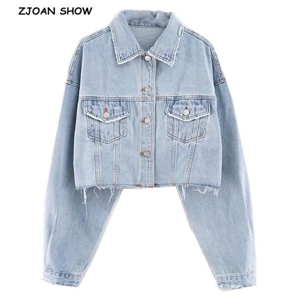 

autumn drop shoulder loose short denim jacket vintage women lapel pockets single breasted draped jean coat cool outerwear 211029, Black;brown