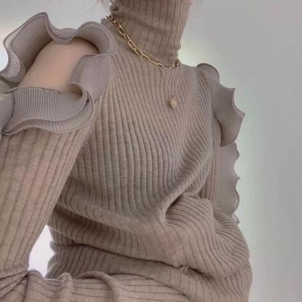 

women's sweaters off-shoulder ruffles knitted women sweater pullovers autumn design 2021 turtleneck long-sleeved elegant office lady pu, White;black