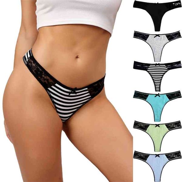 6 Pack Seksi Dantel Pamuk Kadın Thongs Düşük Kabuk Kadın Lingerie Sevimli Yay Kız Külot G Dize Iç Çamaşırı S-XXL Külot 210730