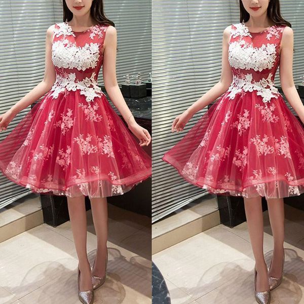 

amazing sleeveless homecoming dresses sheer crew neck red lace appliques champagne tulle short prom party gowns custom formal wear, Blue;pink