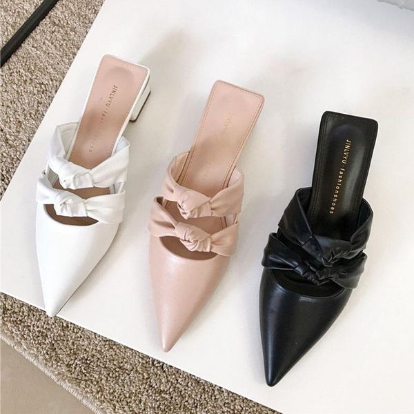 

2021 women slippers pointed toe mules slides slippers shoes woman thick low heel slip on female flat outdoor slides, Black