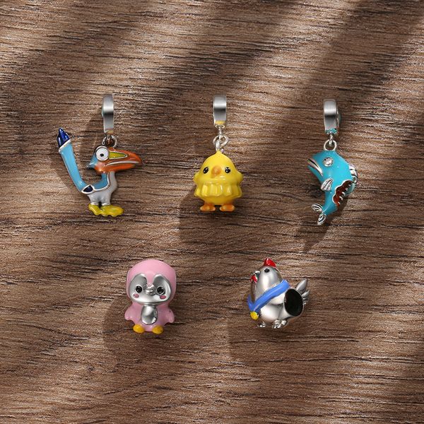 Argento 925 simpatico animale pulcino pappagallo adorabile pinguino smalto colorato fascino per originale braccialetto di perline braccialetto accessorio gioielli fai da te Q0531