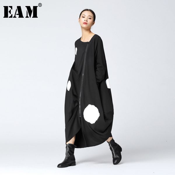 

[eam] new spring round neck long sleeve solid color big dot split joint loose big size black dress women fashion ja88501 210302, Black;gray