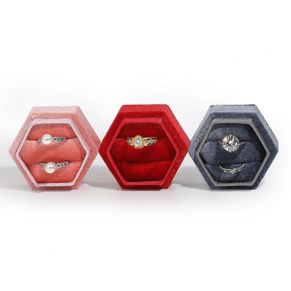 

jewelry pouches, bags stylish double ring case wrinkle-fine workmanship space-saving soft luster hexagon box, Pink;blue
