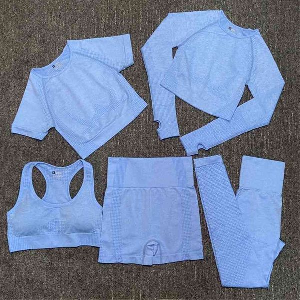 

seamless women yoga set 2/3/5pcs sportswear fitness sports suits workout gym running clothing crop high waist leggings,lf171 210802, Gray
