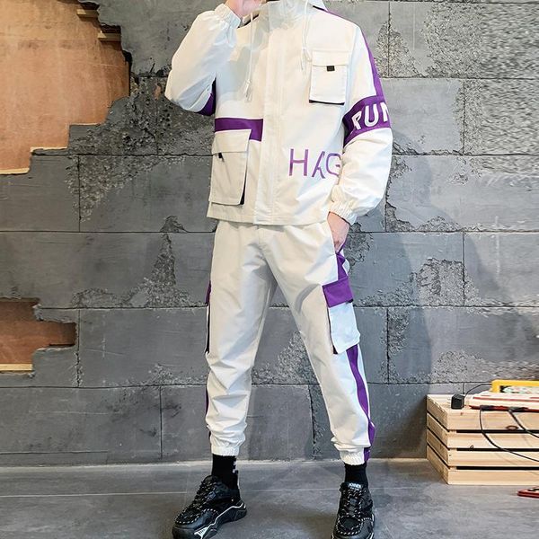 

men's tracksuits 2021 fashion sets comfortable casual jacket + multi-pocket cargo pants 2 pieces set purple sportswear, Gray