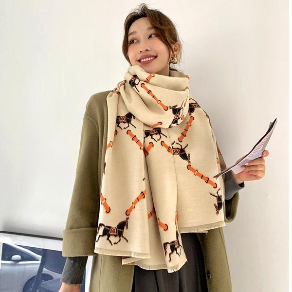 

scarves women cashmere warm scarf horse print femal foulard designer scarfs for ladies autumn winter large soft shawls wrap, Blue;gray