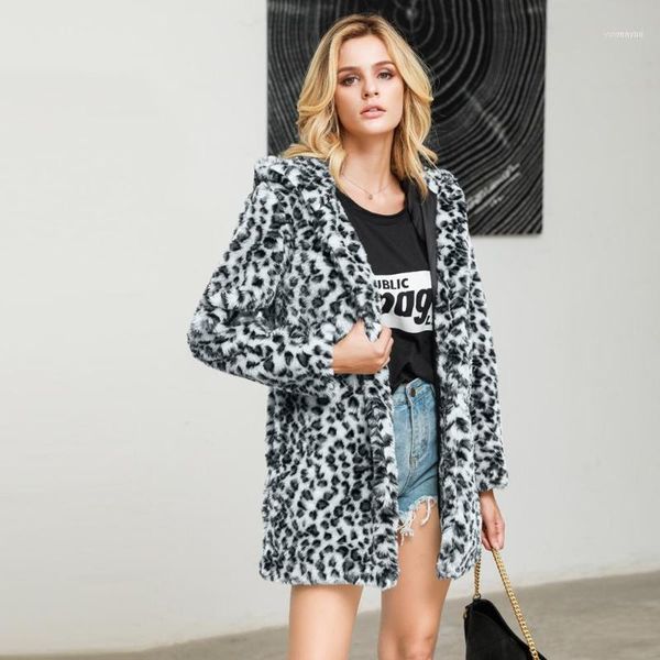 

women leopard faux fur outwear loose hooded pocket coat fashion winter warm cardigan female print 2021 clothes s~3xl1, Black