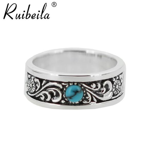 

cluster rings ruibeila925 silver tangcao taiyin embedded turquoise ring personality vintage men and women gem, Golden;silver