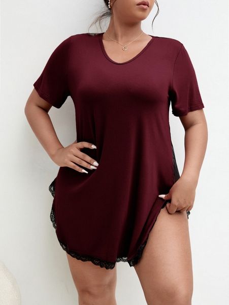 

plus contrast dobby mesh lace trim night dress e6v5#, Black;white