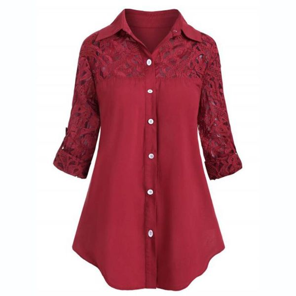 

5xl women turn- down collar tunic blouse ladies large size button lace turn down collar long sleeve shirt big size blouse#y20, White