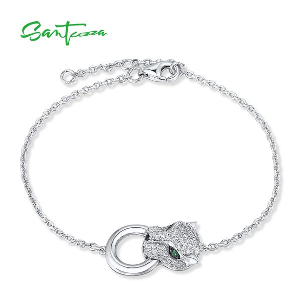 SANTUZZA 100% 925 Sterling Silber Armband für Frauen Leopard Panther Grün Schwarz Spinell Weiß Zirkonia Einstellbare Feine Schmuck 210315