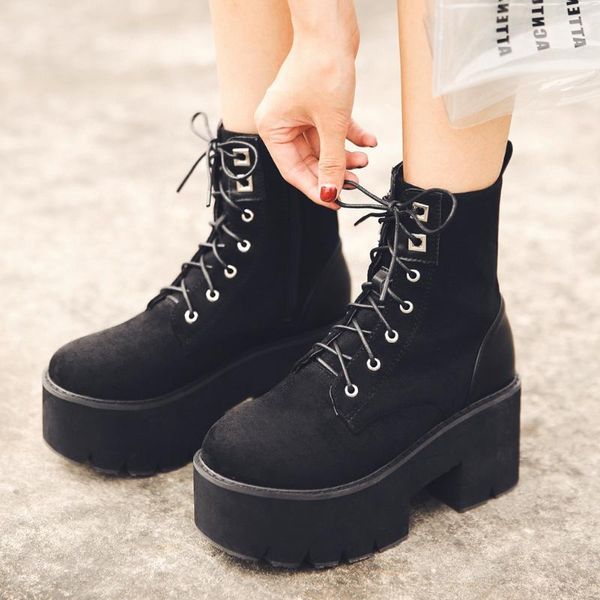 

boots bonjomarisa female flock platform ankle chunky heel metal punk women 2021 autumn brand thick bottom shoes woman, Black