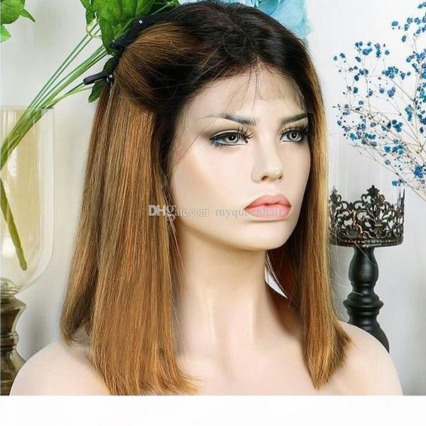 

lace front human hair bob cut wigs 1b 27 color straight transparent hd lace short wigs honey blonde ombre color, Black;brown