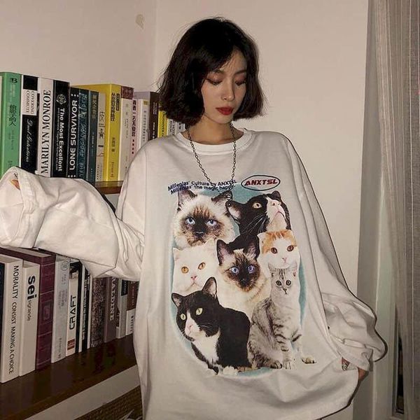 

women's t-shirt white long-sleeved women tshirt punk t shirt harajuku autumn korean loose hong kong flavor retro printed ins