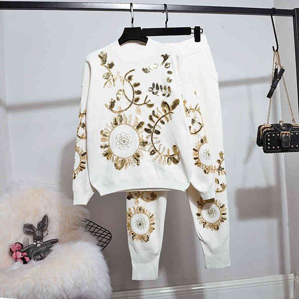 

women's two piece pants autumn women set embroidery sweater knitted pencil outfits female casual white pullover knit trousers 2pc yrtl
