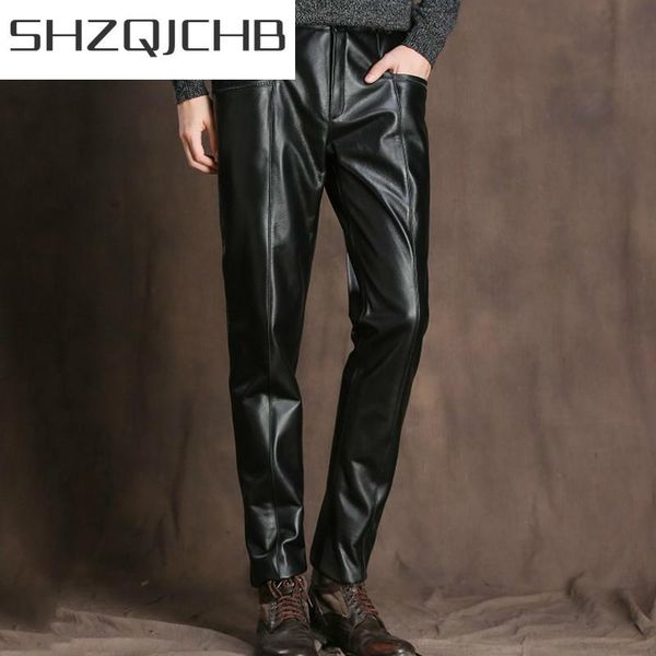 

men's pants shzq genuine leather men cowhide mens casual trousers plus size autumn winter 2021 pantalon cuir lw, Black