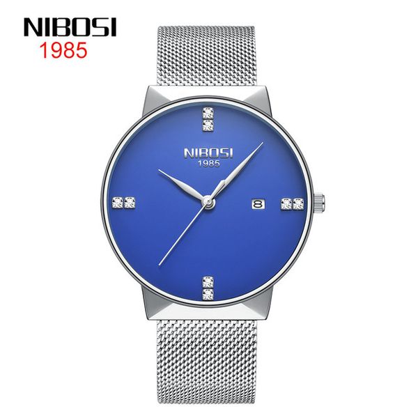 

11 style nibosi fashion ultra-thin silver mesh belt men's waterproof luminous calendar quartz watch 41.5mm blue dail, Slivery;brown
