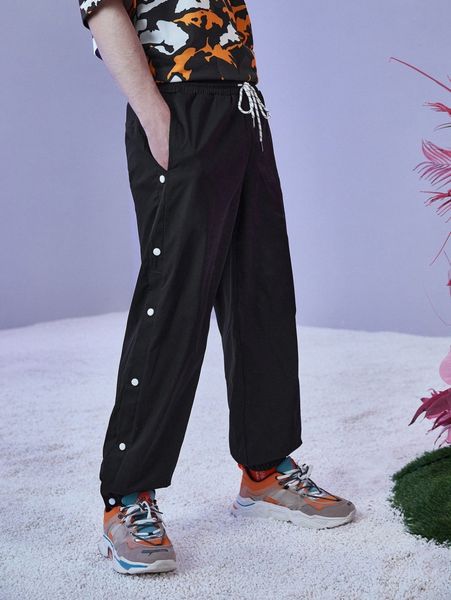 

men drawstring waist button detail pants 91mc#, Black