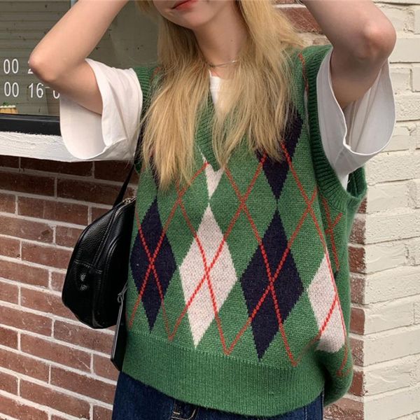 

women's vests plaid print sweater vest women knitted casual crop loose female vintage jumpers sleeveless v neck jersey mujer, Black;white