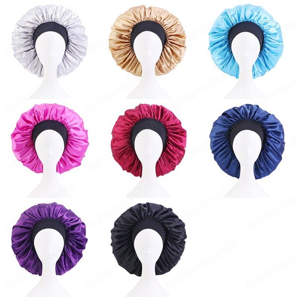 

fashion large satin bonnet women sleep night caps big size head cover bonnet for curly hair care wide band cap headwrap, Blue;gray