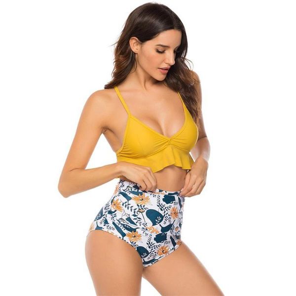 

camisole lotus leaf women's bikini printing set swimsuit filled bra swimwear beachwear new girls beach bathing suit swimsuit a3