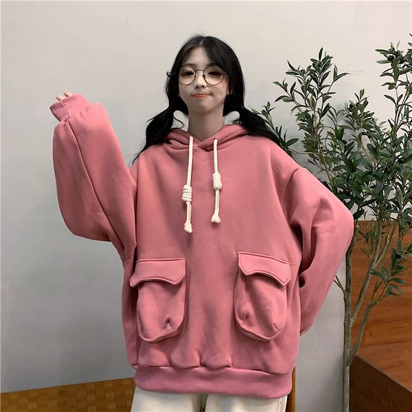 

2021 sweatshirt autumn and winter new style plus veet solid color pullover women's loose fashion hooded long-sleeved hoodie 3wvx, Black