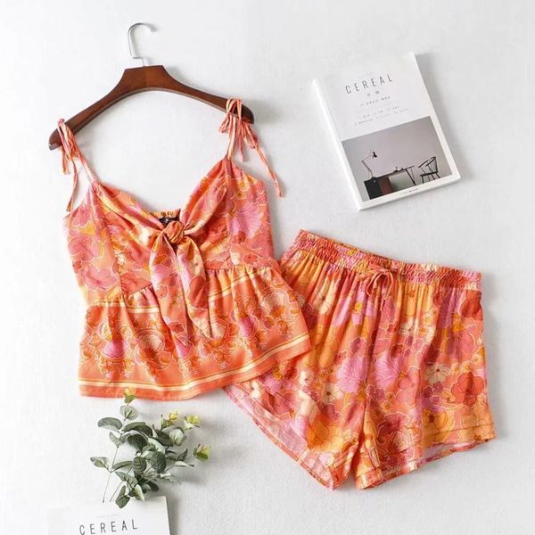 

women's tracksuits summer fashion casual patchwork sleeveless backless slim print bow shirt elastic waist shorts set wome, Gray