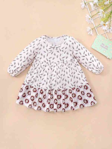 

baby floral print bow front ruffle hem dress she, Red;yellow