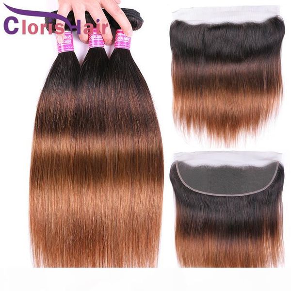 

t1b 4 30 ombre peruvian virgin straight hair bundles with closure 3 tone brown blonde human hair lace frontal 13x4 with colored weaves, Black;brown