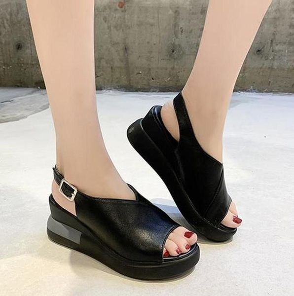 

sandals 2021 women's summer slope heel thick-soled fish mouth shoes soft leather high platform women, Black