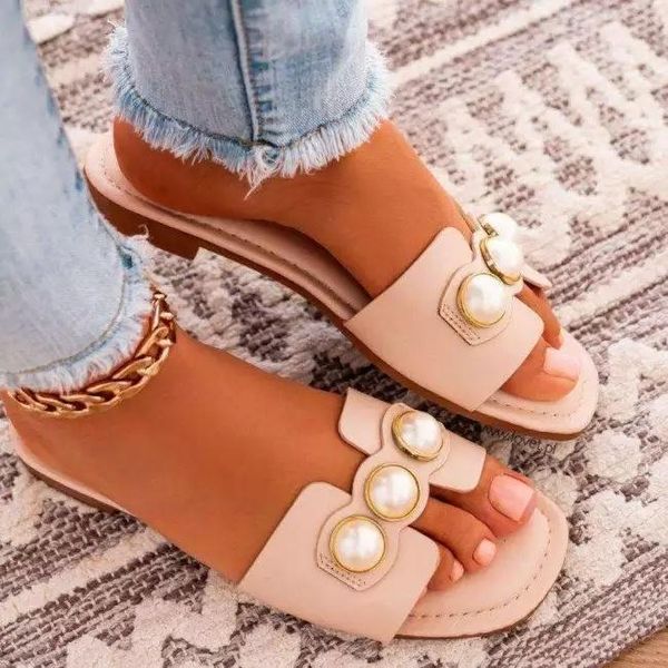 

slippers summer elegant women pearl design pu leather flat heel rubber sole outdoor les luxury slides celebrities 2021, Black