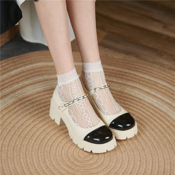 

dress shoes 2021 fashion genuine leather brand elegant sweet mary janes summer girls chunky heels pumps, Black