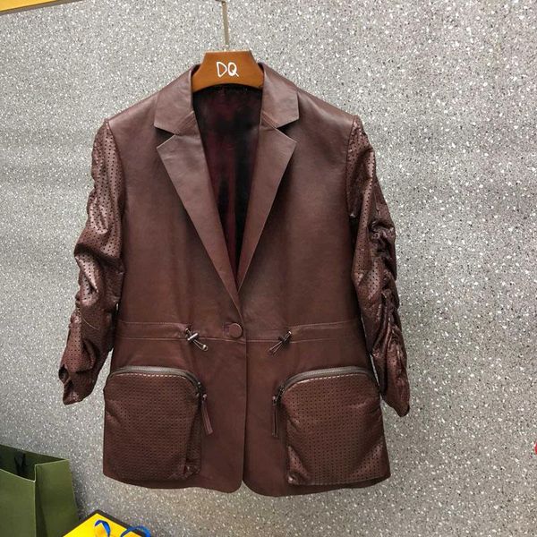 

women's leather & faux women's coat spring import real sheepskin jacket long length fold the sleeves punch decoration female clothe, Black