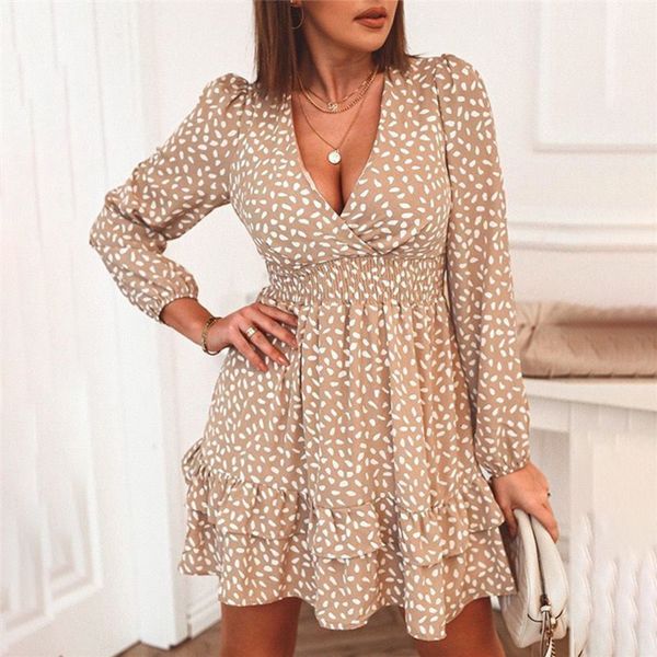 

2021 new autumn cascading ruffle polka dot women winter casual long sleeve a line print female v neck mini party vestido kb43, Black;gray