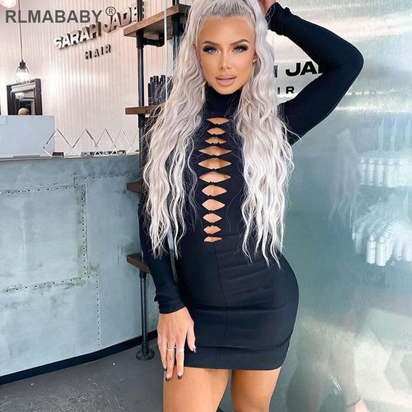 

casual dresses fashion elegant streetwear hollow out mini bodycon dress slim high neck long sleeve women autumn black skinny, Black;gray