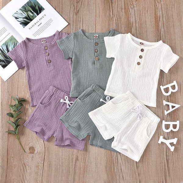 

clothing sets 2pcs clothes set boys summer baby girls cotton solid button t-shirts +striped shorts outfits, White