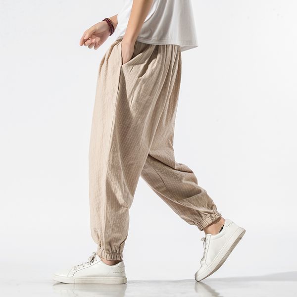 

mens cotton linen streetwear loose joggers pants men 2021 autumn striped oversize harem pants male fashion trousers, Gray