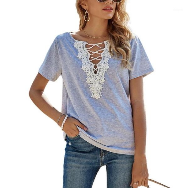 

women hollow out t-shirt spring adults casual style short sleeve lace v-neck pullover women's, White