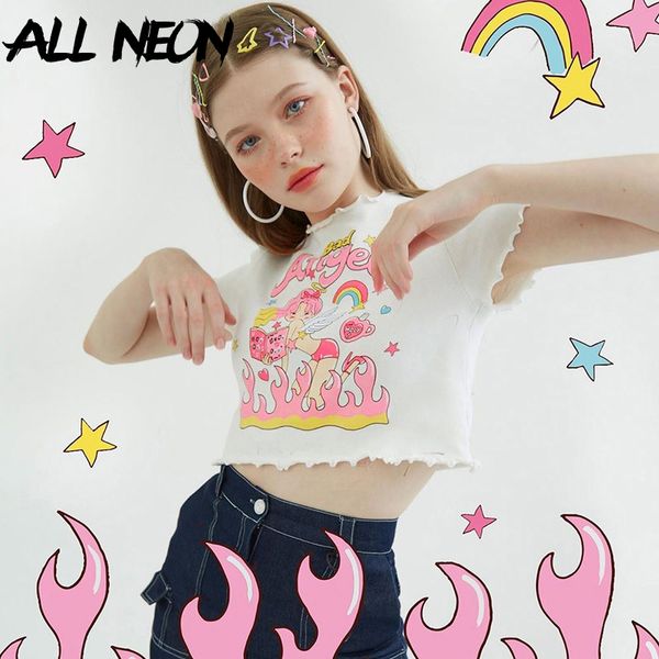 

allneon y2k e-girl angel graphic and letter print ruffles hem cute crop kawaii o-neck butterfly sleeve white t-shirt 90s c0220
