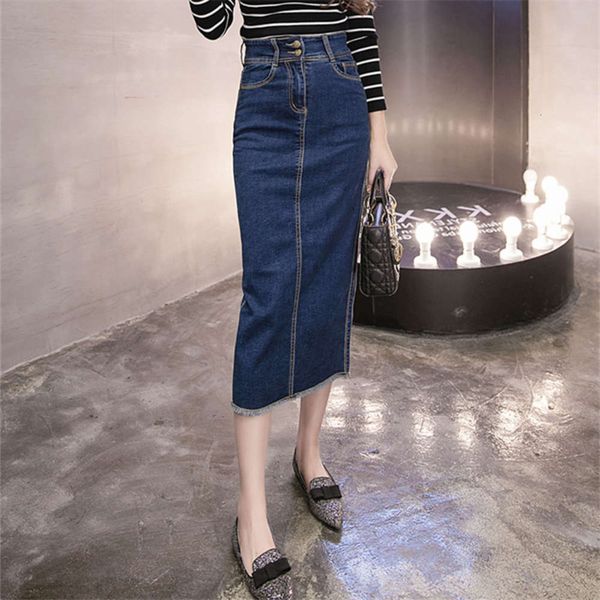 

2021new korean high waist mid length denim skirt in spring 2021, Blue