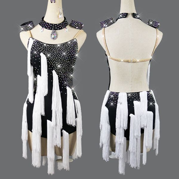 

latin dance competition dress women white tassel costume rhinestone dress prom party latina performance clothing vdb3372, Black;red