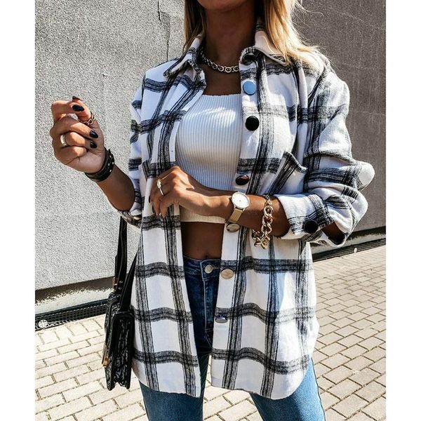 

tweed women vintage oversize plaid long shirts 2021 autumn chic ladies streetwear loose shirt elegant female outfits girls, White