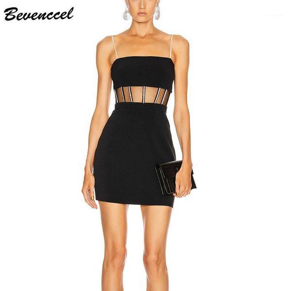 

casual dresses bevenccel women sequins bandage dress 2021 elegant bodycon mesh hollow out summer mini runway party vestidos, Black;gray