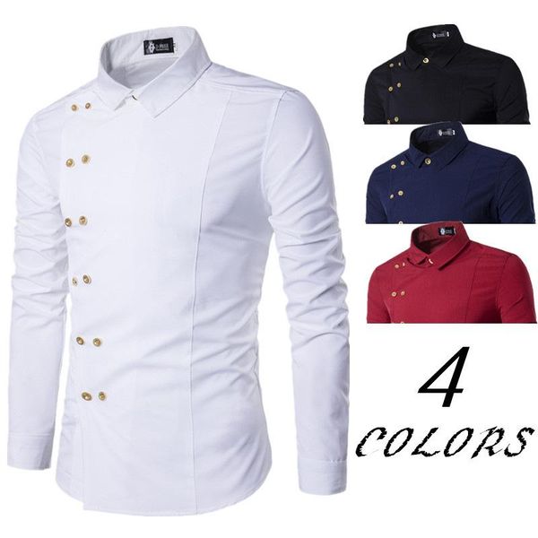 

men's casual shirts shirt solid color double breasted oblique placket cardigan long sleeve stand collar slim type, White;black