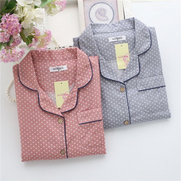 

2021 japanese new spring and autumn ladies pajamas suit cotton double-layer gauze long-sleeved dot cardigan summer home service women gkvl, Black;brown