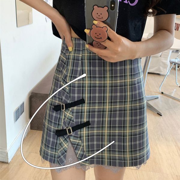 

women's shorts lace checkered skirt, high waist women's korean style, retro, elegant, fashionable, urzan, White;black