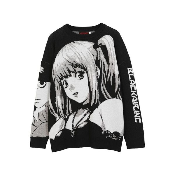 

men's sweaters atsunny 2021 hip hop streetwear vintage style harajuku knitting sweater anime girl knitted death note pullover, White;black