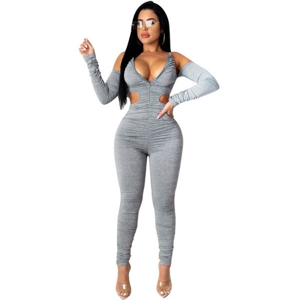 

zipper with cleavage in women's full sleeve hollow bodycon overalls 2021 new fashion plied club night wear black gray bodysuit 1ecr