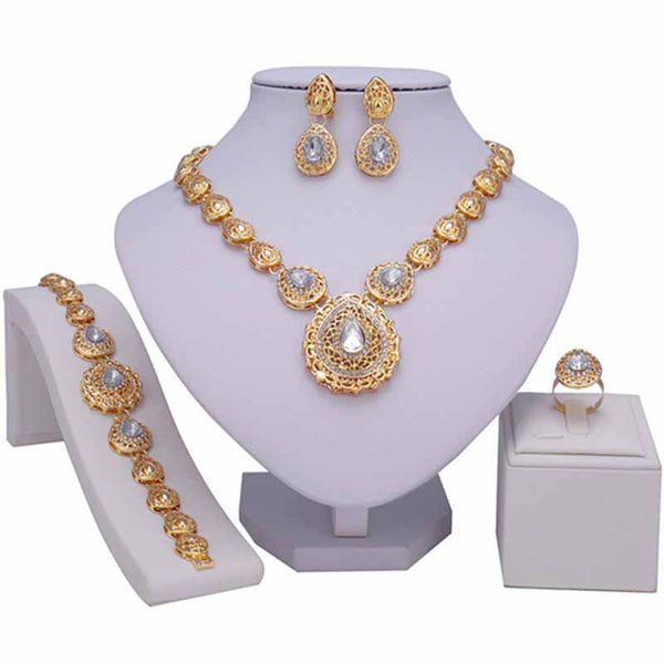 Мода африканских бусин ювелирных изделий набор женских клиентов 2021 Dubai Gold-красочные кристаллические наборы ювелирных изделий оптом свадебные аксессуары